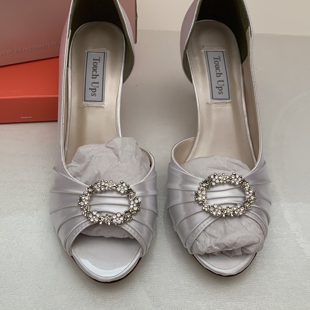 Wedding shoes. Jeweled peep toe low heel. Satin fabric around toe. BRAND NEW!